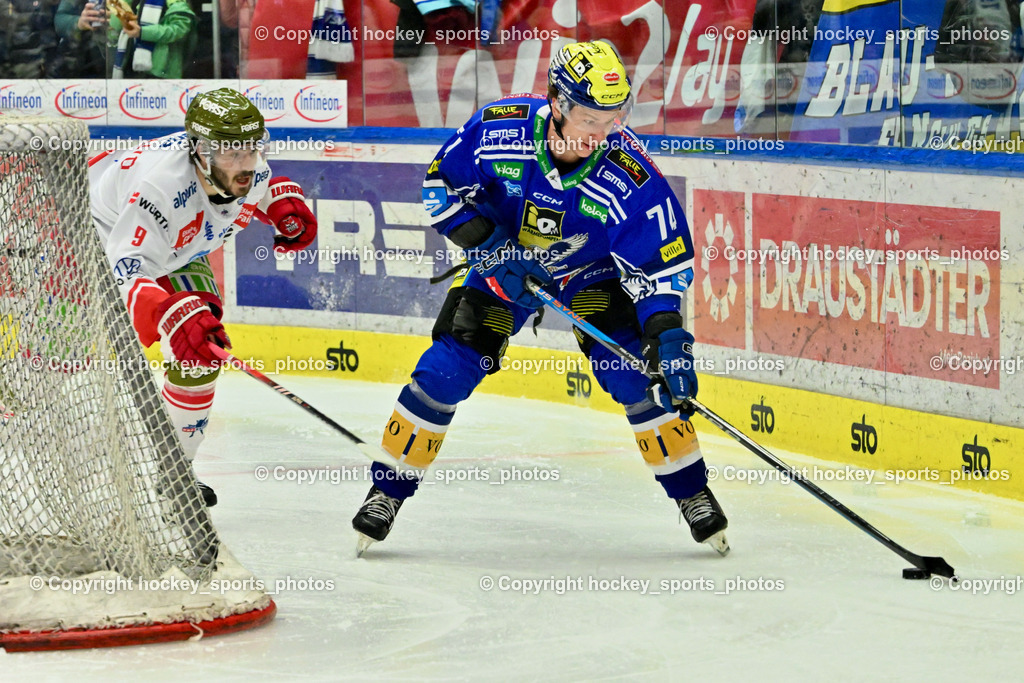 EC VSV vs. HC Bozen 16.2.2024 | #9 Mantenuto Daniel, #74 Golod Maxime, EC VSV vs. HC Bozen 16.2.2024, EC VSV vs. HC Bozen 16.2.2024 am 16.02.2024 in Villach (Stadthalle Villach), Austria, (Photo by Bernd Stefan)