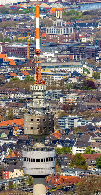 Dortmund230402086 | Luftbild, City, Turmspitze des Florianturms mit Blick zum Dortmunder U, Ruhrallee, Dortmund, Ruhrgebiet, Nordrhein-Westfalen, Deutschland