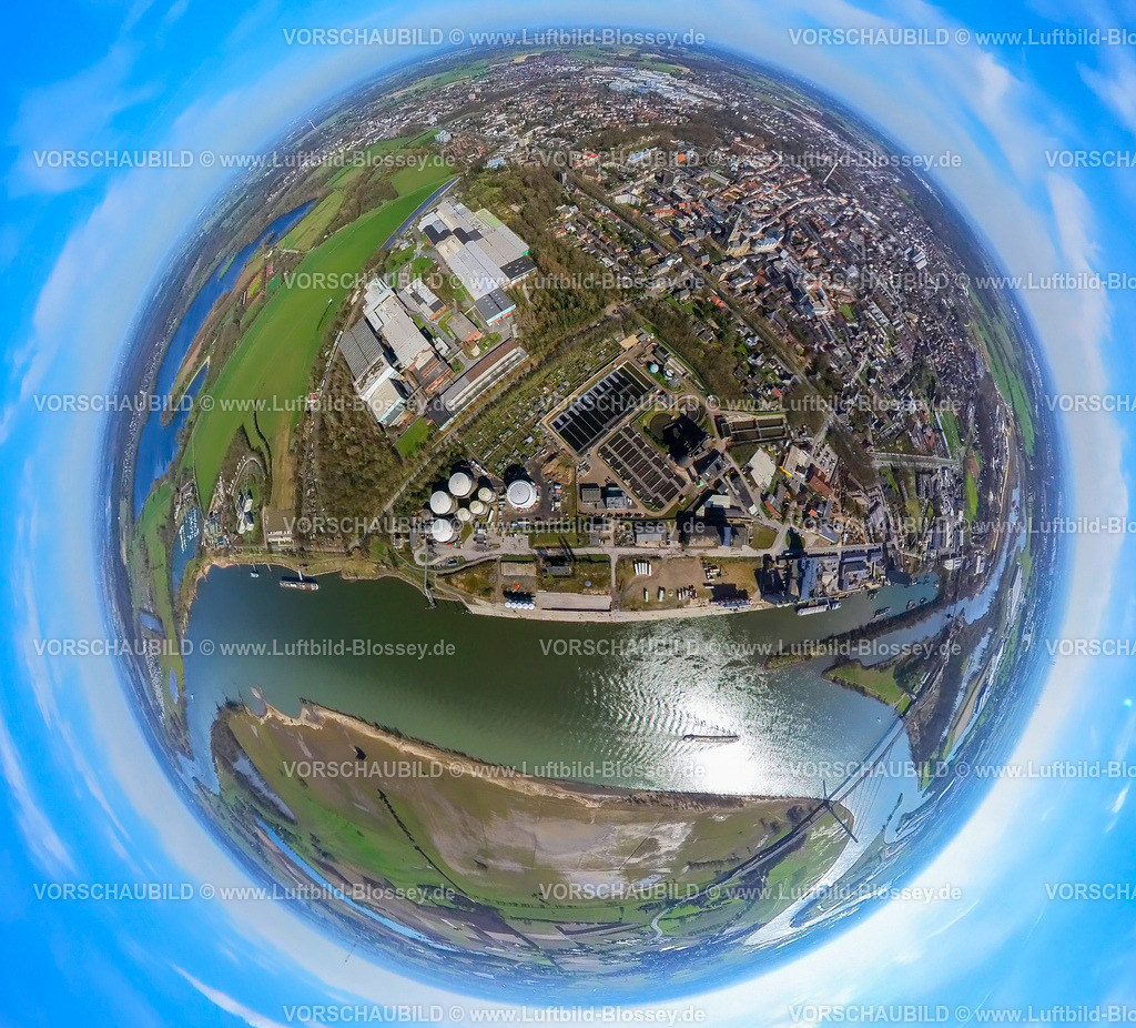 Wesel240390084HafenWesel | Luftbild, Ortsansicht und Stadthafen Wesel mit Werk Pilkington Automotive Deutschland GmbH, Fluss Rhein mit Niederrheinbrücke Wesel, Lippemündung in den Rhein, Erdkugel, Fisheye Aufnahme, Fischaugen Aufnahme, 360 Grad Aufnahme, tiny world, little planet, fisheye Bild, Wesel, Nordrhein-Westfalen, Deutschland