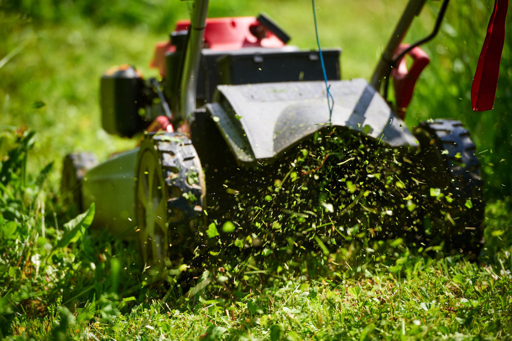 roter Rasenmäher mit Grasauswurf | Austria - June 01, 2019: roter Rasenmäher mit Grasauswurf. - Realisiert mit Pictrs.com