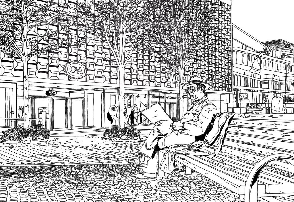 Bahnhofstrasse | Illustration der Innenstadt von Brilon. In der Bahnhofstraße ist die Statue von Wolfgang Nikolai, welcher in der Zeitung liest und auf einer Bank sitzt. Im Hintergrund ist das Volksbank Center mit Geschäften und einer eigenwilligen Fassade. Außenlinien zum Ausmalen und Colorieren.  