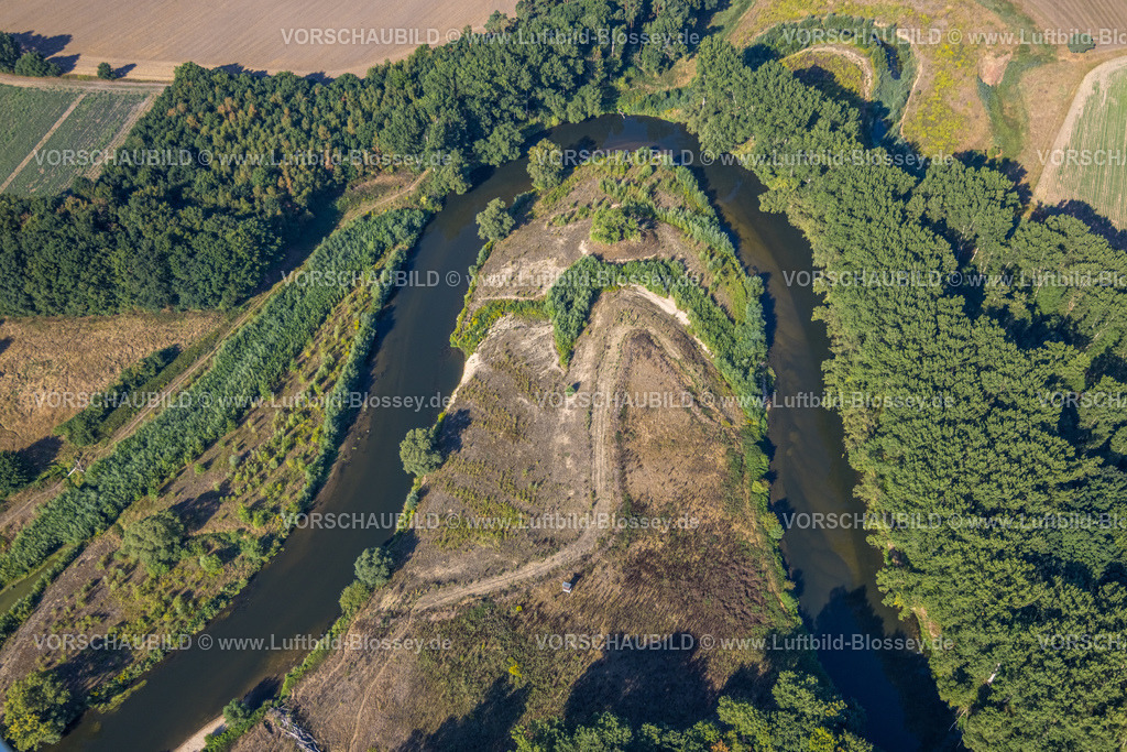Olfen220806001LippeVogelsang | Luftbild, Fluss Lippe Mäander, Lippeschleife, Fluss- und Auenentwicklung der Lippe Vogelsang, Renaturierung, Stadtgrenze Olfen-Datteln, Olfen-Kirchspiel, Olfen, Ruhrgebiet, Nordrhein-Westfalen, Deutschland