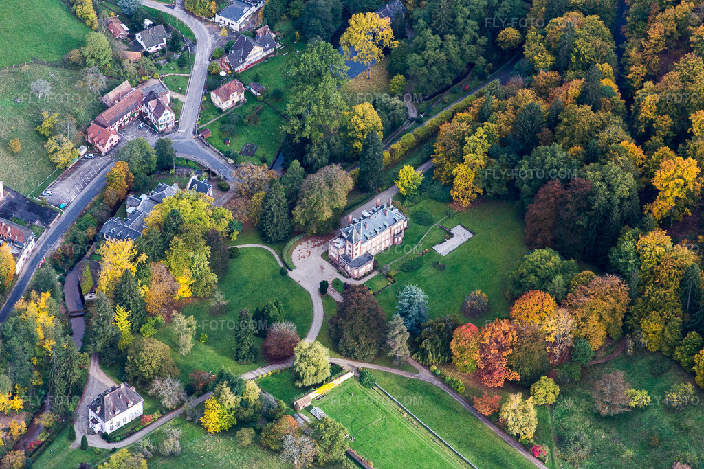 Aerial view: The Domaine Jaegerthal hotel complex is located in a green valley in the Jaegerthal district. in Windstein in the state Bas-Rhin, France. – Photo: IMG_084700.jpg taken on 10/23/2015 by Werner Riehm/FLY-FOTO.com – Resolution of the original: 5472 x 3648 px