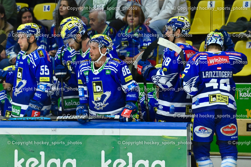EC IDM Wärmepumpen VSV vs. HC Bozen 19.9.2023 | #55 SABOLIC Robert,  #88 Anthony Luciani, #78 MAXA Felix,  #42 LANZINGER Benjamin, Spielerbank EC VSV, win2day icehockeyleague, EC IDM Wärmepumpen - HC Bozen  am 19.09.2023 in Villach (Stadhalle Villach), Austria, (Photo by Bernd Stefan)