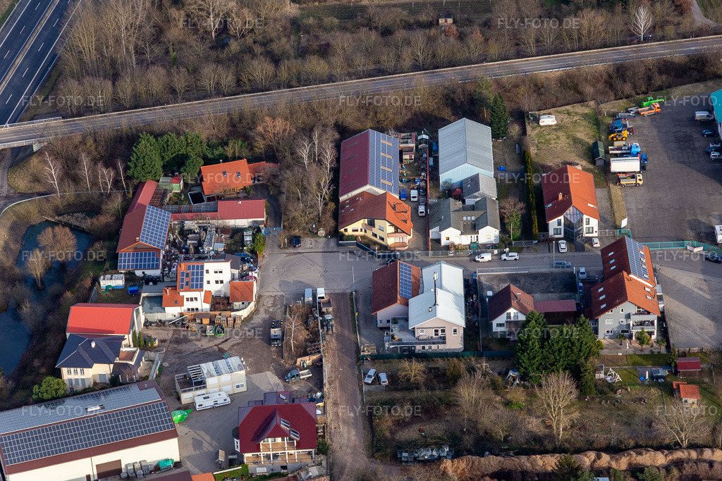 Luftbild: Gewerbegebiet In der Nauroth, Harry Anton Sanitär- und Heizungsbau in Ellerstadt im Bundesland Rheinland-Pfalz in Deutschland. Foto: IMG_130454.jpg vom 12.02.2022 durch Werner Riehm/FLY-FOTO.de
