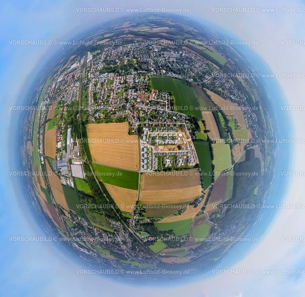 Holzwickede230990104 HellwegKaserne | Luftbild, Wohnpark Emscherquelle Neubaugebiet mit Baustelle, Hohenleuchte auf dem Areal der ehemaligen Emscherkaserne, Erdkugel, Fisheye Aufnahme, Fischaugen Aufnahme, 360 Grad Aufnahme, tiny world, Holzwickede, Ruhrgebiet, Nordrhein-Westfalen, Deutschland