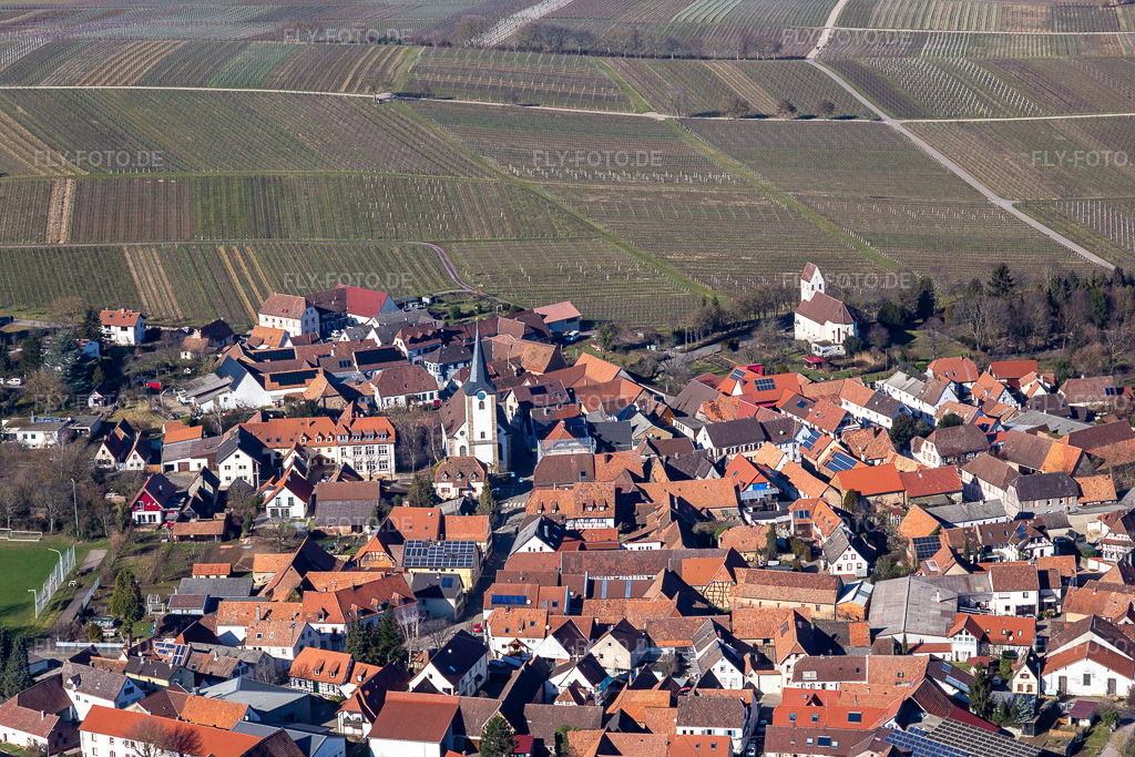 Luftbild: Protetantische Kirche im Ortsteil Wollmesheim in Landau im Bundesland Rheinland-Pfalz in Deutschland. Foto: IMG_125266.jpg vom 21.02.2021 durch Werner Riehm/FLY-FOTO.de
