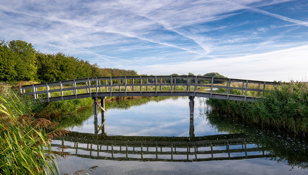 Holzbrücke über den Roggesloot im Naturgebiet auf der Nordseeinsel Texel | Eine gewölbte Holzbrücke führt über den ruhigen Wasserlauf Roggesloot auf der holländischen Insel Texel. Das klare Wasser spiegelt die Brückenkonstruktion sowie den blauen Himmel mit feinen Schleierwolken perfekt wider. Umgeben von schilfbewachsenen Ufern vermittelt das Landschaftsmotiv idyllische Naturstimmung und eignet sich ideal für Beiträge zu Themen wie Inseltourismus, Wandern, Radfahren, Naherholung und Naturschutz. - Realisiert mit Pictrs.com