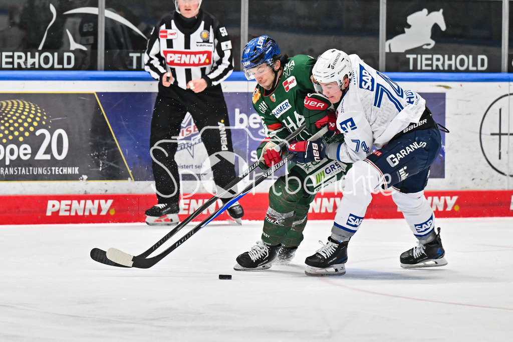 Augsburger Panther - Adler Mannheim | AUGSBURG, GERMANY - 28. DECEMBER: im Duell Riley DAMIANI (Augsburger Panther 19) und Justin SCHÜTZ (Adler Mannheim 73) während dem Match zwischen den Augsburger Panthern und den Adler Mannehim am 33. Spieltag der Penny DEL im Curt Frenzel Stadion