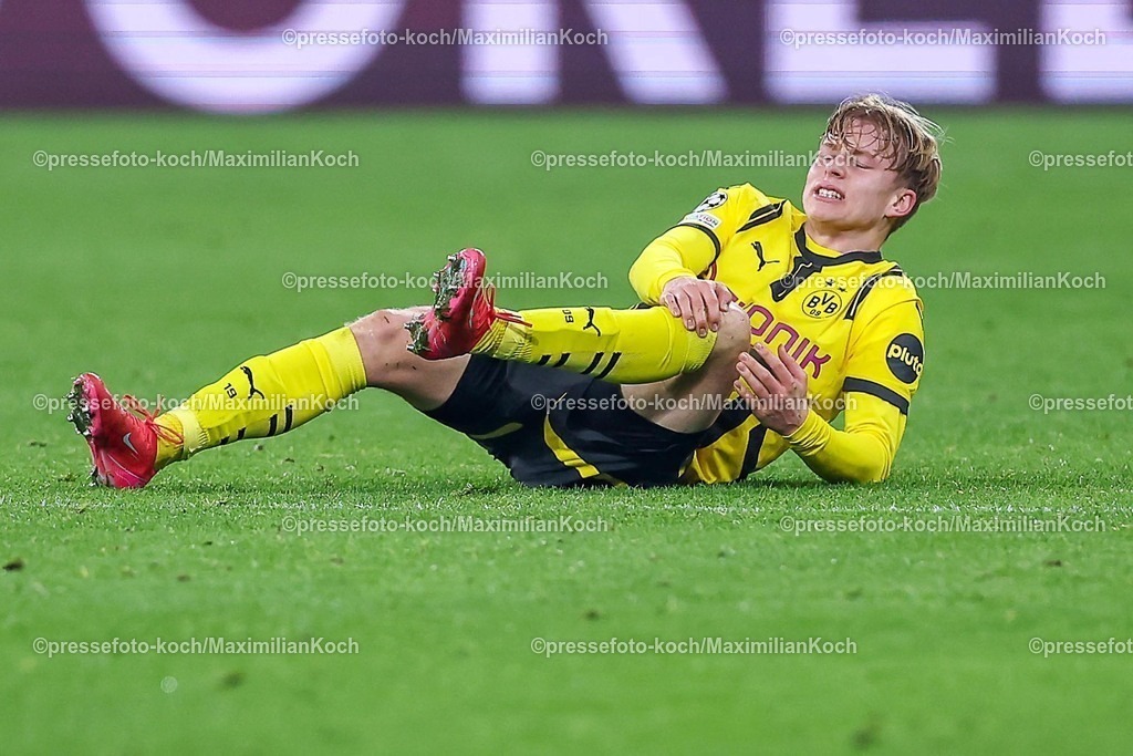 UCL04032501062 | 04.03.2025, Fußball, UEFA Champions League, Borussia Dortmund - OSC Lille, Signal Iduna Park, Runde der 16, Saison 2024 2025: Daniel Svensson (BVB #24) liegt verletzt mit Schmerzen auf dem Spielfeld und muss medizinisch versorgt werden