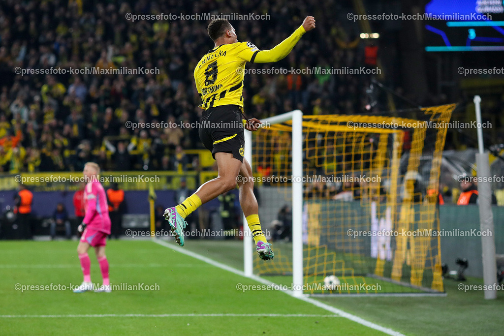 BVB01102402244 | 01.10.2024, Fußball, UEFA Champions League, Borussia Dortmund - Celtic Glasgow, 2. Spieltag, Signal Iduna Park, Saison 2024 2025: Torjubel nach dem 7:1 durch Felix Nmecha (BVB #8)