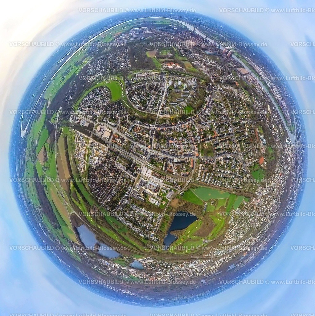 Duisburg230328_29Huckingen | Luftbild, Wohngebiet Im Ährenfeld/Bruchgraben, Wohnsiedlung Am Alten Angerbach, Angerbogen, Motorsegler Hoffmann H36 Dimona, Erdkugel, Fisheye Aufnahme, Fischaugen Aufnahme, 360 Grad Aufnahme, Huckingen, Duisburg, Ruhrgebiet, Nordrhein-Westfalen, Deutschland
