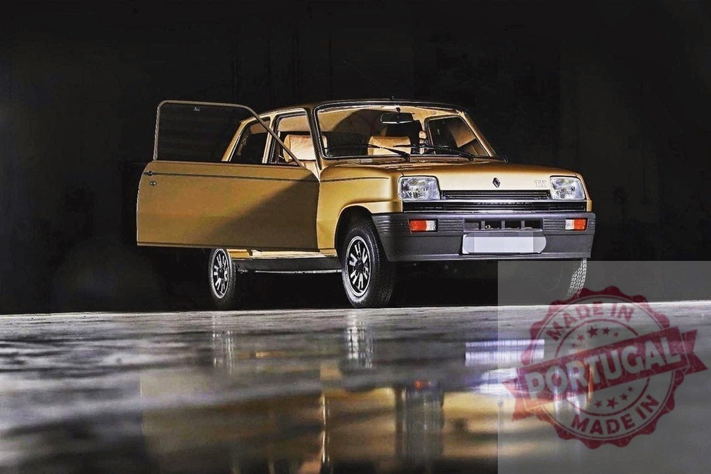Renault 5 gold hatchback showing classic design reflection | Renault 5 gold car with open door standing in a studio with reflections - Realized with Pictrs.com