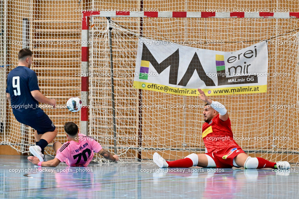 Carinthia Flamengo Futsal Club vs. LPSV-K | #9 Dino Matoruga LPSV-K, #70 Yosifov Svetlozar Angelov Carinthia Flamengo, #1 Youssef Helal Carinthia Flamengo, Carinthia Flamengo Futsal Club vs. LPSV-K, Carinthia Flamengo Futsal Club vs. LPSV-K am 03.11.2024 in Klagenfurt (Ballspielhalle Viktring), Austria, (Photo by Bernd Stefan)