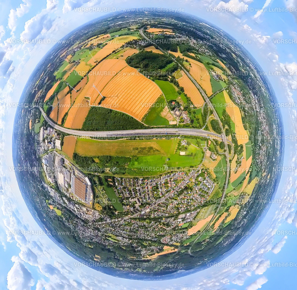 Witten230790033_Voeckenberg | Luftbild, Vöckenberg Wiesen und Felder, geplantes Gewerbegebiet, Autobahn A44, Erdkugel, Fisheye Aufnahme, Fischaugen Aufnahme, 360 Grad Aufnahme, tiny world, Annen, Witten, Ruhrgebiet, Nordrhein-Westfalen, Deutschland