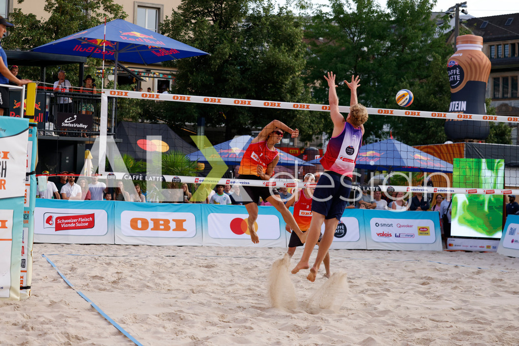 Obi BeachTour 2026 - Basel | BASEL, SWITZERLAND - JULY 18: MAËL MASSEREY (SUI) attack / spike during the Obi BeachTour 2026 match between MASSEREY / SCHNEGG (SUI) and BREER / KÄLIN (SUI) at Barfüsserplatz on July 18, 2026 in Basel, Switzerland. - Realisiert mit Pictrs.com