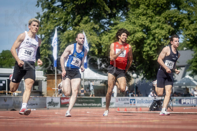 B&amp;S Kurpfalz Gala; Weinheim, 23.05.2026 | WEINHEIM, GERMANY - MAY 24: Jonathan Elias Reich (GER/LT DSHS Köln), Niklas Wiethoff (GER/LAC Quelle Fürth), Makrini Younes El (GER/TSV Bayer o4 Leverkusen) and Noah Müller (GER/Cologne Athletics) over 200m during the B&amp;S Kurpfalz Gala am 23.05.2026 at the  Sepp-Herberger-Stadium in Weinheim (Baden-Wuerttemberg / Germany).