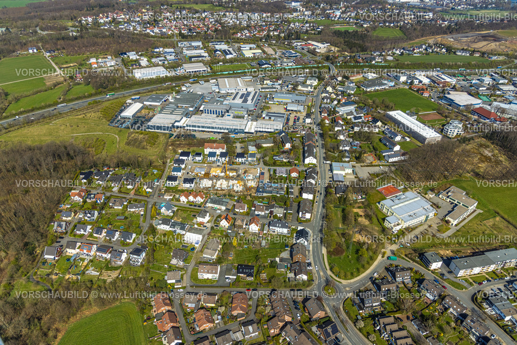 Wetter220401636 | Luftbild, Baustelle mit Neubau Klimaschutzsiedlung Schmandbruch an der Straße Sonnenfeld, Gewerbegebiet Schmandbruch, Wetter, Ruhrgebiet, Nordrhein-Westfalen, Deutschland