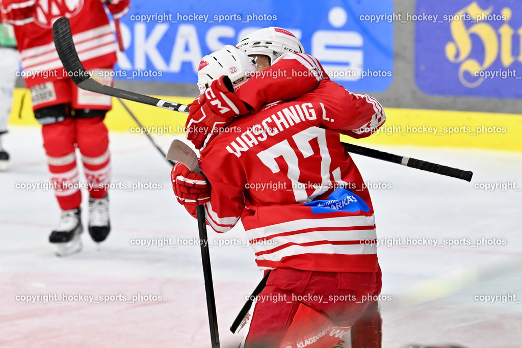 EC KAC Future Team vs. Die Adler Kitzbühl 7.10.2023 | Jubel EC KAC FUTURE Team, #22 Waschnig Lukas EC KAC FUTURE TEAM, EC KAC Future Team vs. Die Adler Kitzbühl 7.10.2023, EC KAC Future Team vs. Die Adler Kitzbühl am 07.10.2023 in Klagenfurt (Messehalle Klagenfurt), Austria, (Photo by Bernd Stefan)