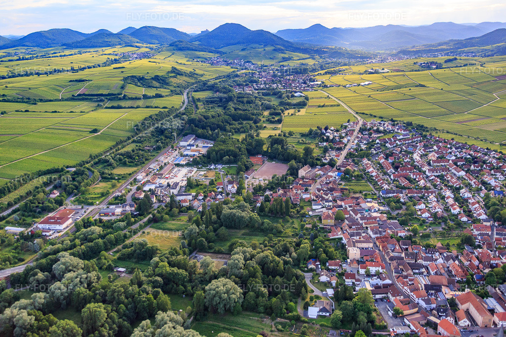 Luftbild: Ortsansicht zwischen B10, Queich und Weinbergen aus Osten im Ortsteil Godramstein in Landau im Bundesland Rheinland-Pfalz in Deutschland. Foto: IMG_090182.jpg vom 26.06.2016 durch Werner Riehm/FLY-FOTO.de