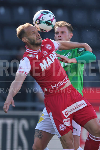 Grazer AK 1902 vs WSG Tirol – Austrian Bundesliga | Graz, Austria, 02.MAY.26 - SOCCER - ADMIRAL Bundesliga, Qualification Group, Grazer AK 1902 vs WSG Tirol. The image shows Martin Kreuzriegler (GAK) and Nikolai Baden Frederiksen (WSG Tirol).