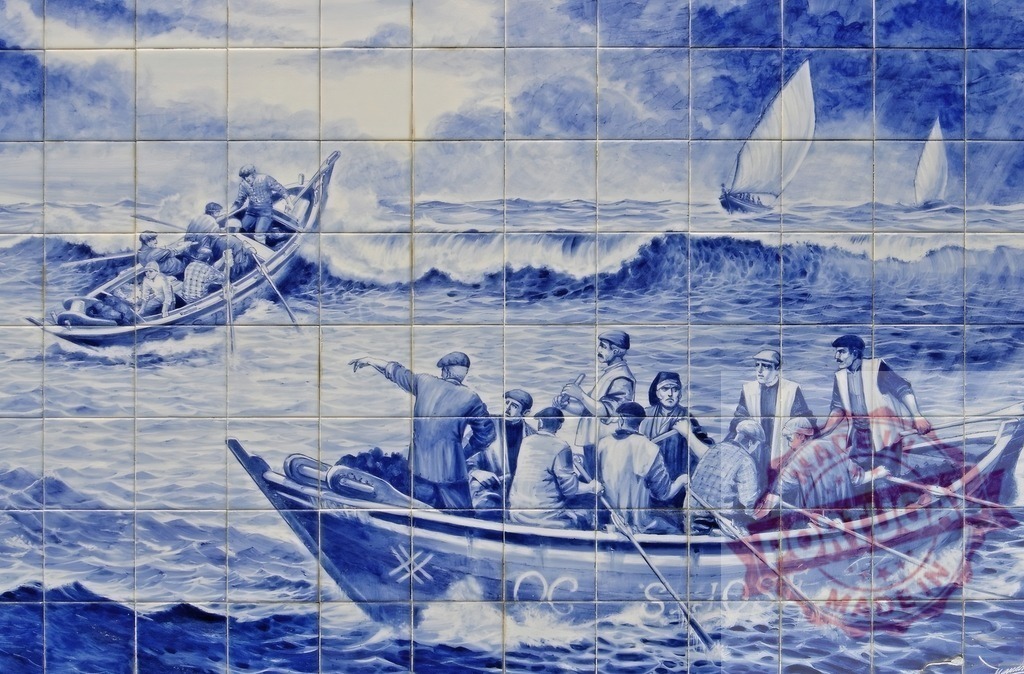 Azulejo mural depicting Portuguese fishermen battling rough seas | Portuguese azulejo mural showing fishermen in traditional boats navigating a choppy ocean - Realized with Pictrs.com