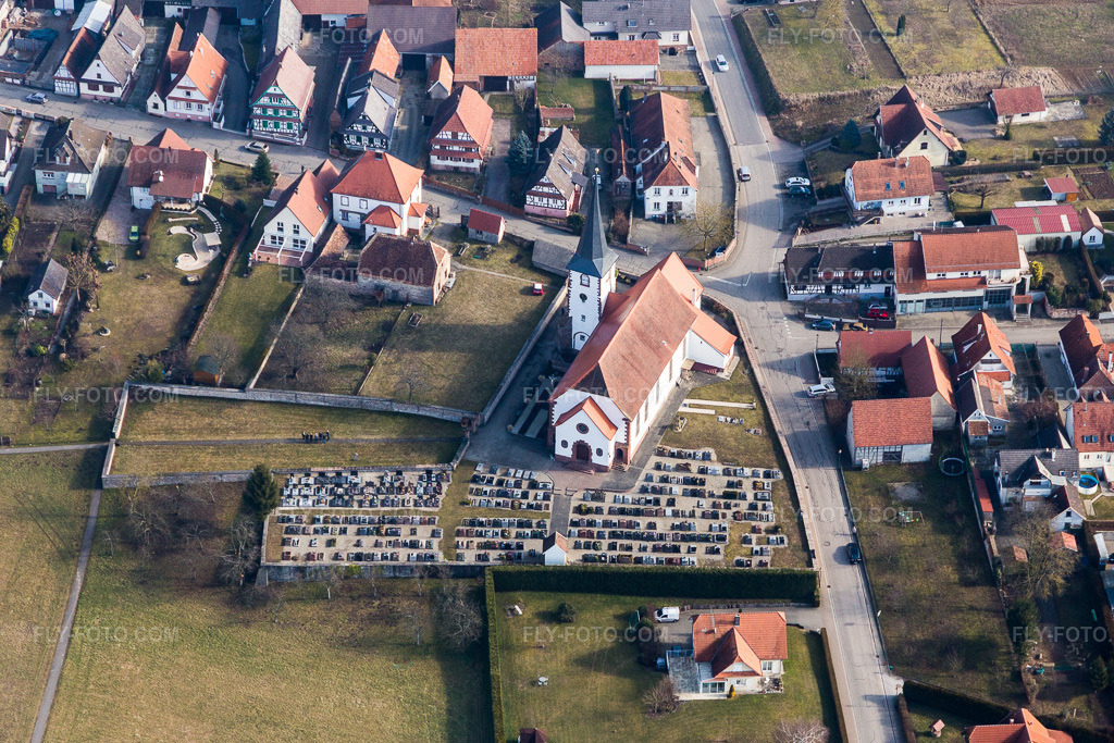 Aerial view: Cemetery at the Church of Saint Martin in Seebach in the state Bas-Rhin, France.Photo: IMG_096907.jpg taken on 02/19/2017 by Werner Riehm/FLY-FOTO.comResolution of the original: 4850 x 3233 px