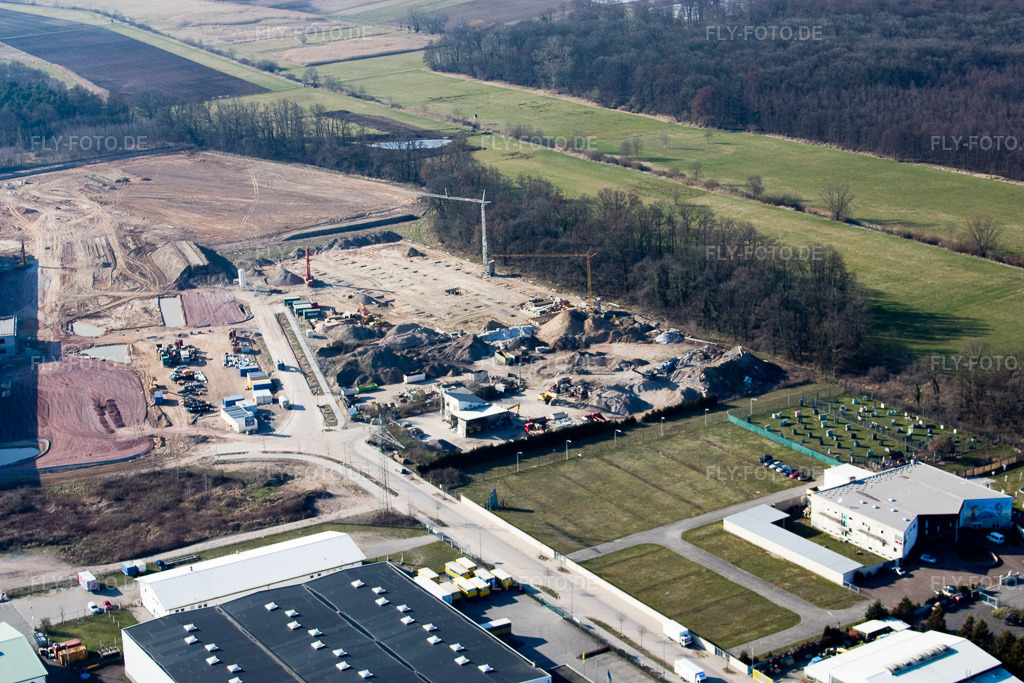 Luftbild: Neubau einer Logistikhalle im Gewerbegebiet Am Horst im Ortsteil Minderslachen in Kandel im Bundesland Rheinland-Pfalz in Deutschland. Foto: IMG_17399.jpg vom 21.03.2009 durch Werner Riehm/FLY-FOTO.de