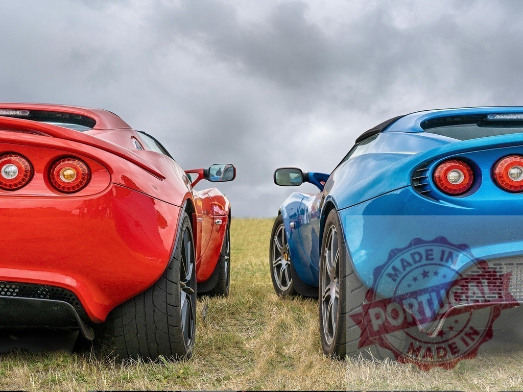 Lotus Elise sports cars parking on a field | Red and blue Lotus Elise cars parked back to back on a grassy field with a cloudy sky - Realisiert mit Pictrs.com