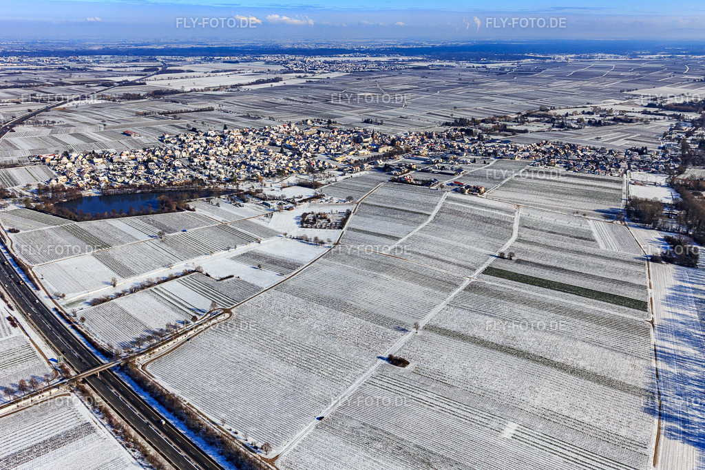 Winterluftbild im Schnee mit Schloßweiher | Luftbild: Winterluftbild im Schnee mit Schloßweiher in Kirrweiler im Bundesland Rheinland-Pfalz in Deutschland. Foto: IMG_124658.jpg vom 11.02.2021 durch ©2025 Werner Riehm fly-foto.de/copyright - Realisiert mit Pictrs.com
