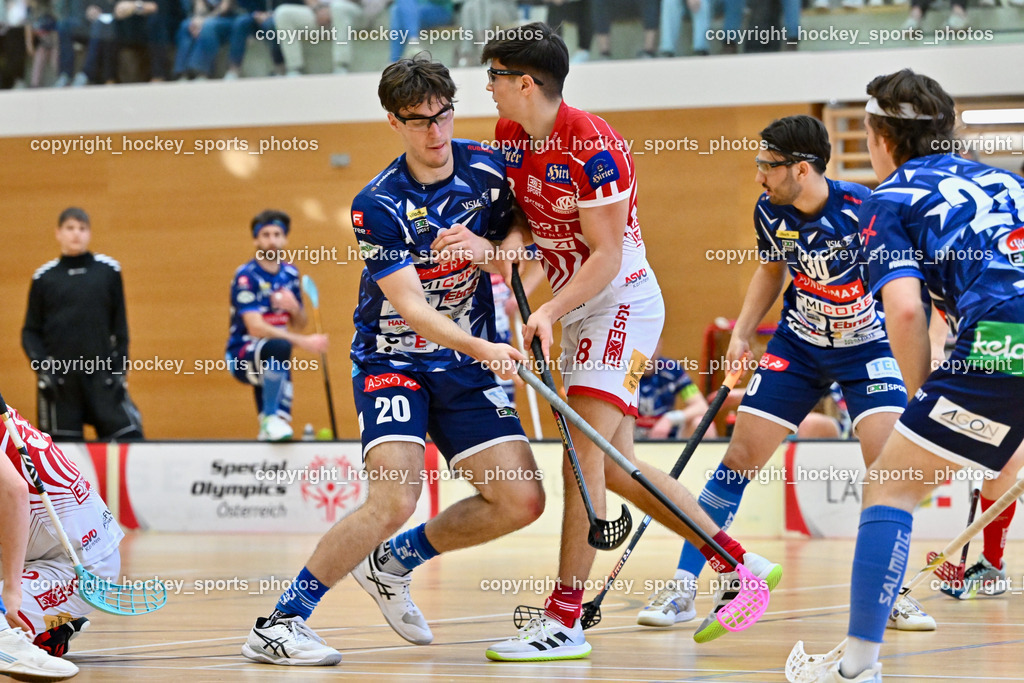 VSV Unihockey vs. KAC Floorball | #20 David Gredler VSV Unihockey, #28 Gabriel Lekas KAC Floorball, #30 Christoph Steiner VSV Unihockey, VSV Unihockey vs. KAC Floorball, VSV Unihockey vs. KAC Floorball am 12.04.2025 in Villach (Ballspielhalle St. Martin), Austria, (Photo by Bernd Stefan)
