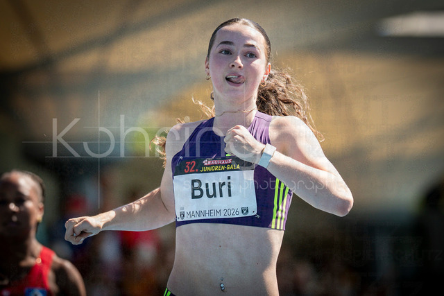 Juniorengala 2026; Mannheim, 13.06.2026 | MANNHEIM, GERMANY - JUNE 13, 2026 :  Xenia Buri (SUI/Switzerland) reacts after winning the women’s U20 100m final competing during the Juniorengala 2026 at Michael-Hoffmann-Stadion on June 13, 2026 in Mannheim, Germany.