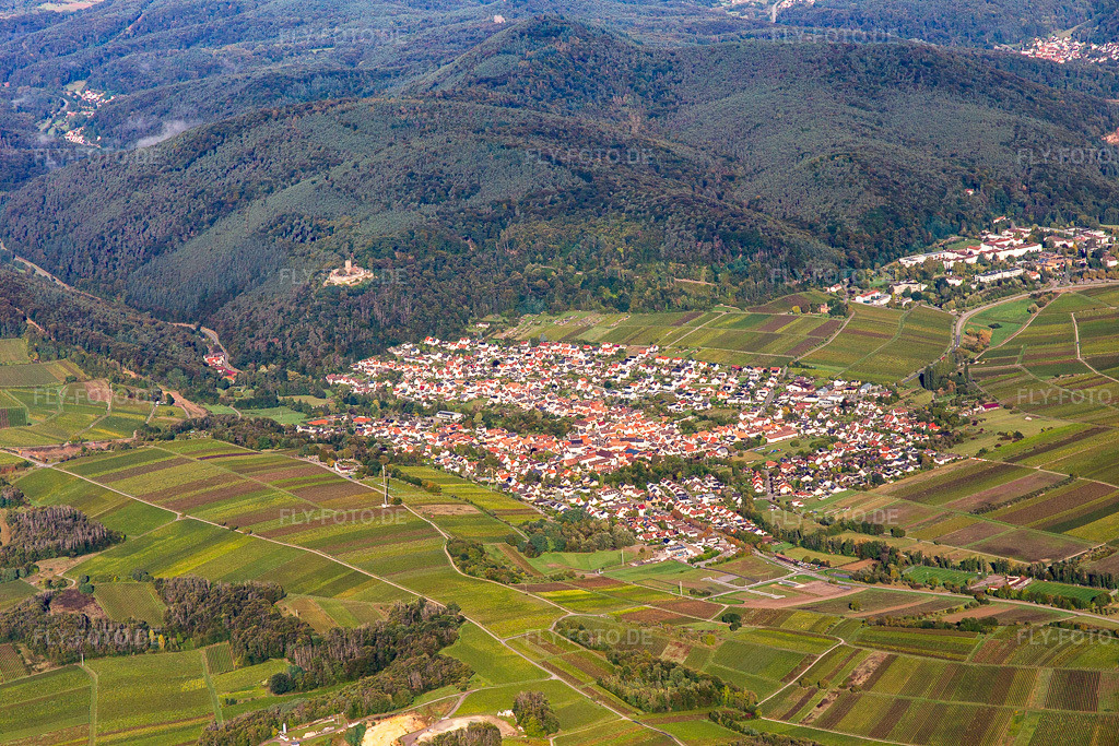 Luftbild: Ortschaft von Osten in Klingenmünster im Bundesland Rheinland-Pfalz in Deutschland. Foto: IMG_143499.jpg vom 29.09.2024 durch Werner Riehm/FLY-FOTO.de