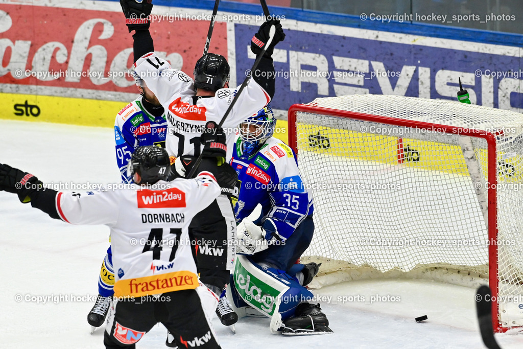 EC IDM Wärmepumpen VSV vs. Pioneers Vorarlberg | Jubel Pioneers Vorarlberg, #47 Casey Dornbach Pioneers Vorarlberg, #71 Kevin Macierzynski Pioneers Vorarlberg, #35 Joe Cannata EC VSV, EC IDM Wärmepumpen VSV vs. Pioneers Vorarlberg, EC IDM Wärmepumpen VSV vs. Pioneers Vorarlberg am 22.02.2026 in Villach (Stadthalle Villach), Austria, (Photo by Bernd Stefan)