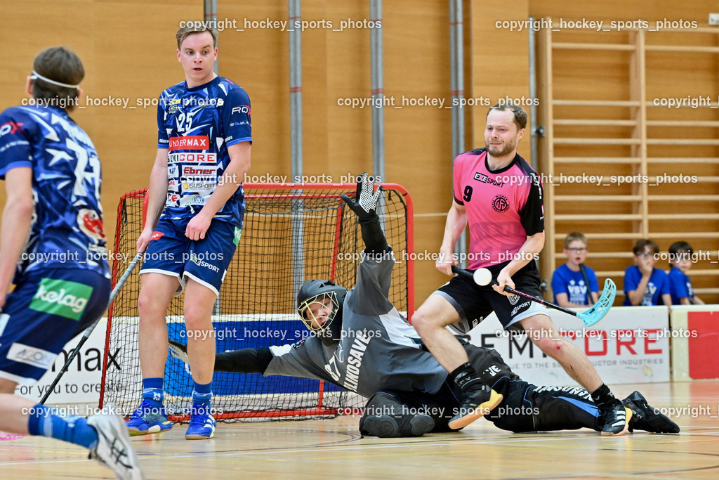 VSV Unihockey vs. Wiener Floorball Verein | #71 Leon Widnig VSV Unihockey, #25 Jan Blazic VSV Unihockey, #87 Timmo Taurer VSV Unihockey, #9 ZEHETNER Laurin Wiener Floorballverein, VSV Unihockey vs. Wiener Floorball Verein, VSV Unihockey vs. Wiener Floorball Verein am 18.05.2025 in Villach (Ballspielhalle St. Martin), Austria, (Photo by Bernd Stefan)