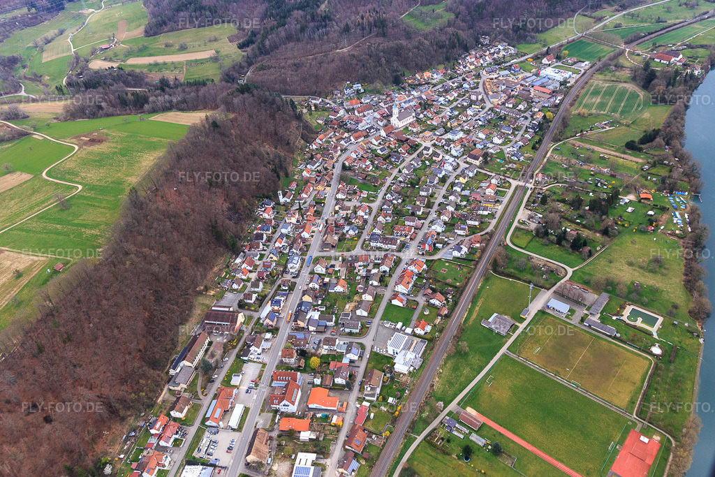 Luftbild: Ortsansicht von Westen in Schwörstadt im Bundesland Baden-Württemberg in Deutschland. Foto: IMG_120118.jpg vom 17.03.2020 durch Werner Riehm/FLY-FOTO.de