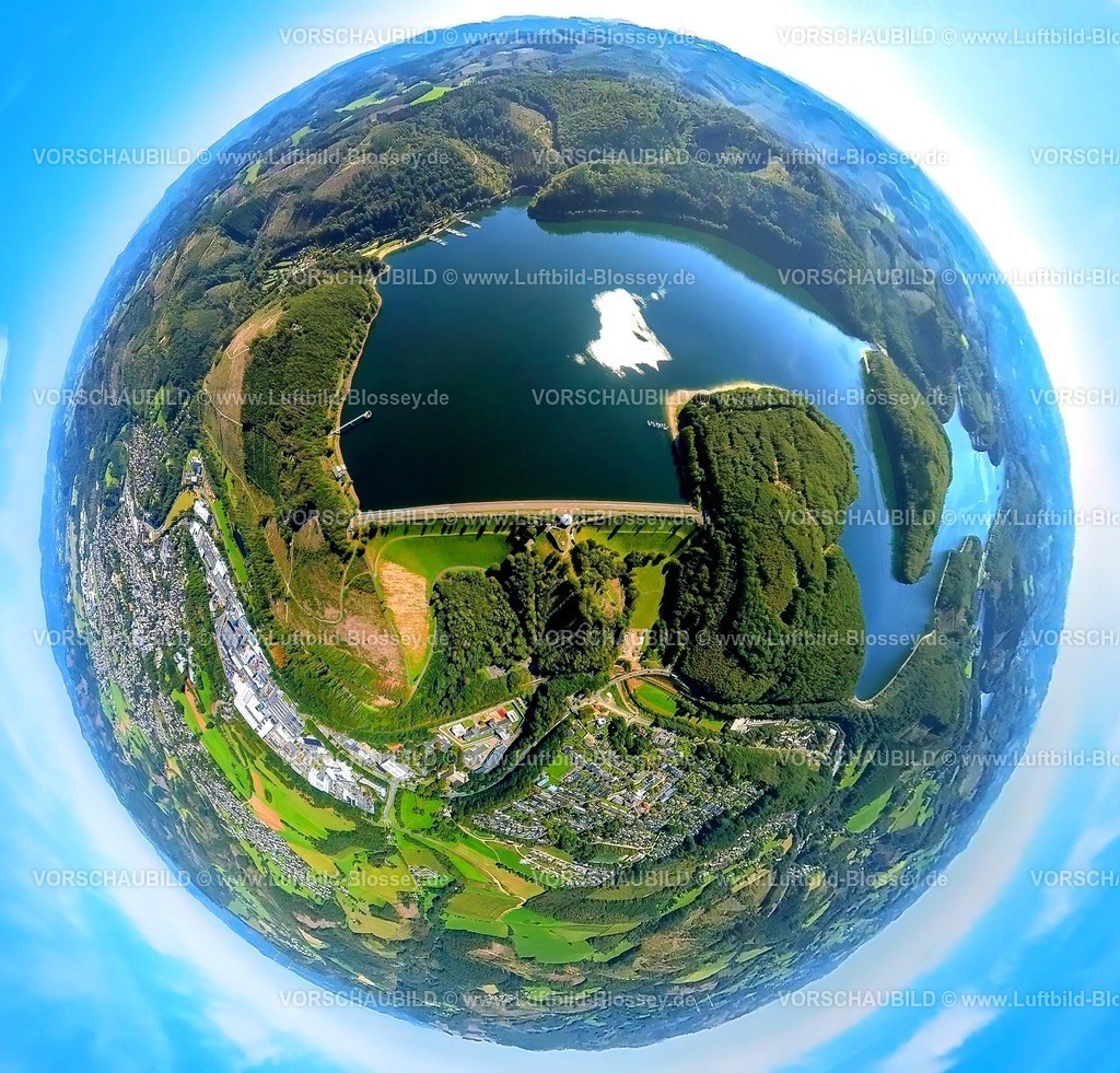 Attendorn230990312BiggeseeStaumauer | Luftbild, Biggesee mit Gilberginsel, Erdkugel, Fisheye Aufnahme, Fischaugen Aufnahme, 360 Grad Aufnahme, tiny world, Neu-Listernohl, Attendorn, Sauerland, Nordrhein-Westfalen, Deutschland