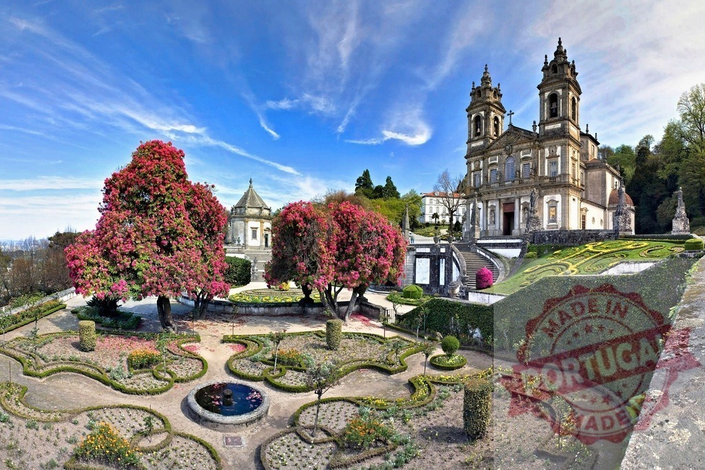 Bom Jesus do Monte church and terraced gardens in Braga. Region Norte - Portugal | Bom Jesus do Monte sanctuary showing its baroque church, ornamental gardens, and pilgrimage stairs - Realized with Pictrs.com