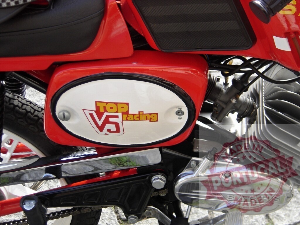 Red top racing V5 Sachs motorcycle detail showing engine and chain | Close-up of a red top racing V5 Sachs motorcycle, highlighting details of the engine, chain, and racing design - Realisiert mit Pictrs.com