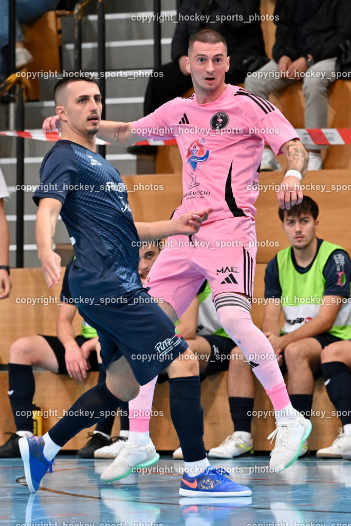 Carinthia Flamengo Futsal Club vs. LPSV-K | #5 Amir Beganovic LPSV-K, #24 Zoran Vukovic Carinthia Flamengo, Carinthia Flamengo Futsal Club vs. LPSV-K, Carinthia Flamengo Futsal Club vs. LPSV-K am 03.11.2024 in Klagenfurt (Ballspielhalle Viktring), Austria, (Photo by Bernd Stefan)
