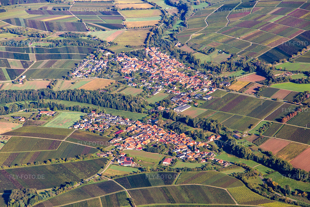 Luftbild: Ortschaften im Klingbachtal im Ortsteil Klingen in Heuchelheim-Klingen im Bundesland Rheinland-Pfalz in Deutschland. Foto: IMG_143498.jpg vom 29.09.2024 durch Werner Riehm/FLY-FOTO.de