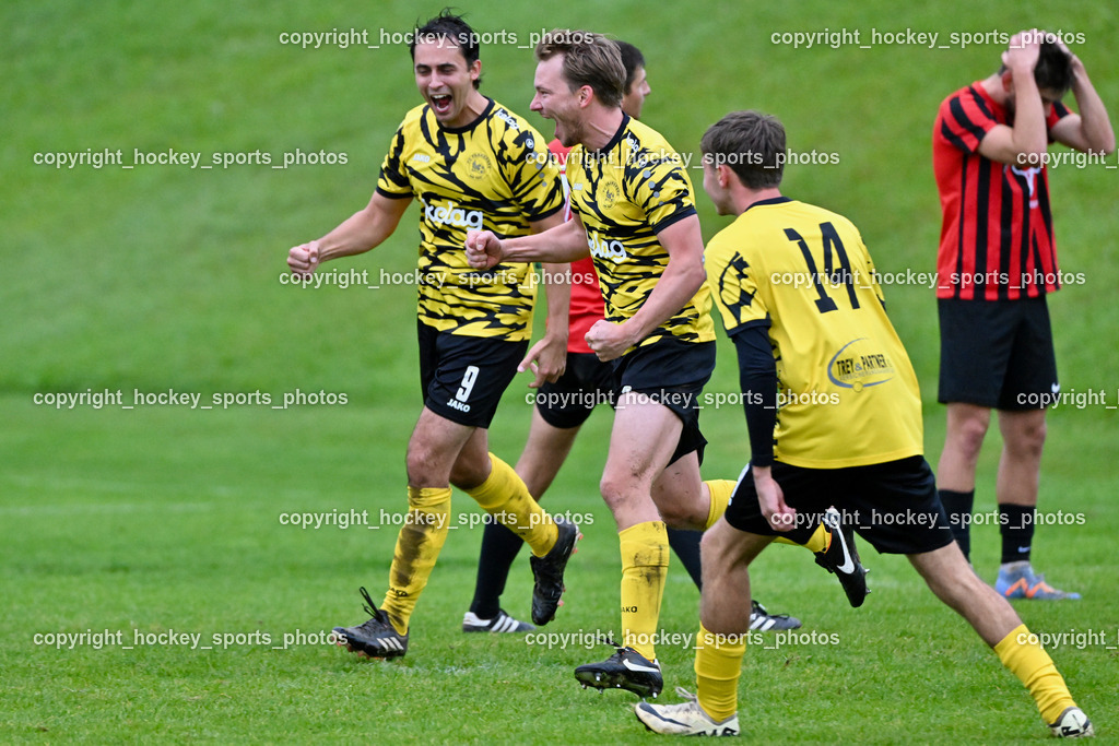 FC Faakersee vs. FC-WR Nussdorf Debant | #9 Thomas Unterguggenberger FC Faakersee, #6 Florian Pribernig FC Faakersee, #14 Samuel Reinwald Fc Faakersee, Jubel FC Faakersee Mannschaft, FC Faakersee vs. FC-WR Nussdorf Debant, FC Faakersee vs. FC-WR Nussdorf Debant am 28.09.2024 in Finkenstein (Sportplatz Faakersee), Austria, (Photo by Bernd Stefan)
