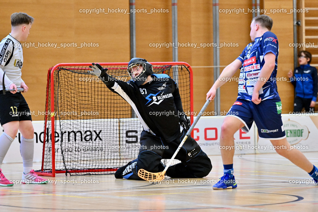 FBK Loka vs. VSV Unihockey | #17 Anze Podobnik FBK Loka, #87 Timmo Taurer VSV Unihockey, #25 Jan Blazic VSV Unihockey, FBK Loka vs. VSV Unihockey, FBK Loka vs. VSV Unihockey am 23.03.2025 in Villach (Ballspielhalle St. Martin), Austria, (Photo by Bernd Stefan)