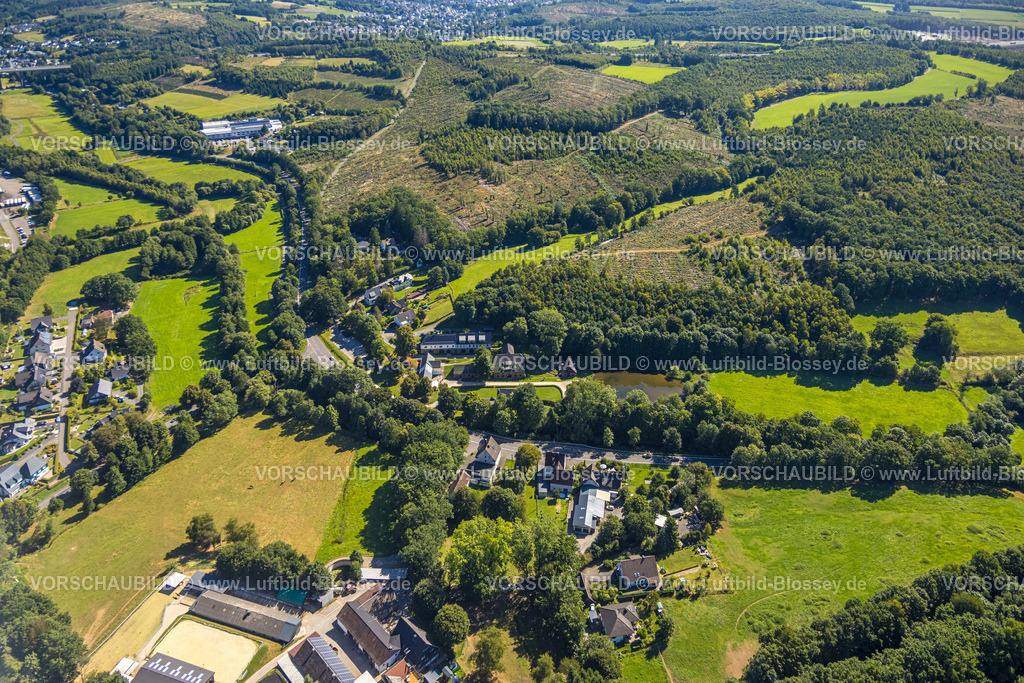 Wenden250812162 | Luftbild, Wendener Hütte Museum, Wald mit Waldschäden, Hillmicke, Wenden, Sauerland, Nordrhein-Westfalen, Deutschland