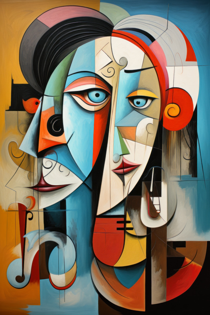 2308011 - Schizophrenie | Bestellen Sie dieses digitale abstrakte Gemälde als hochwertigen Kunstruck auf Leinwand, Acrylglas, Alu-Dibond oder als Poster. Der Stil des Bildes erinnert an die Werke von Picasso.