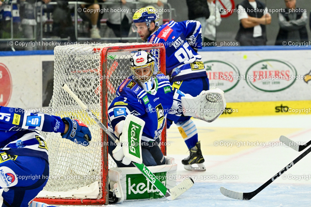 EC IDM Wärmepumpen VSV vs. HC Bozen 19.9.2023 | #1 Jean-Philippe Lamoureux, #95 KATIC Mark, win2day icehockeyleague, EC IDM Wärmepumpen - HC Bozen  am 19.09.2023 in Villach (Stadhalle Villach), Austria, (Photo by Bernd Stefan)