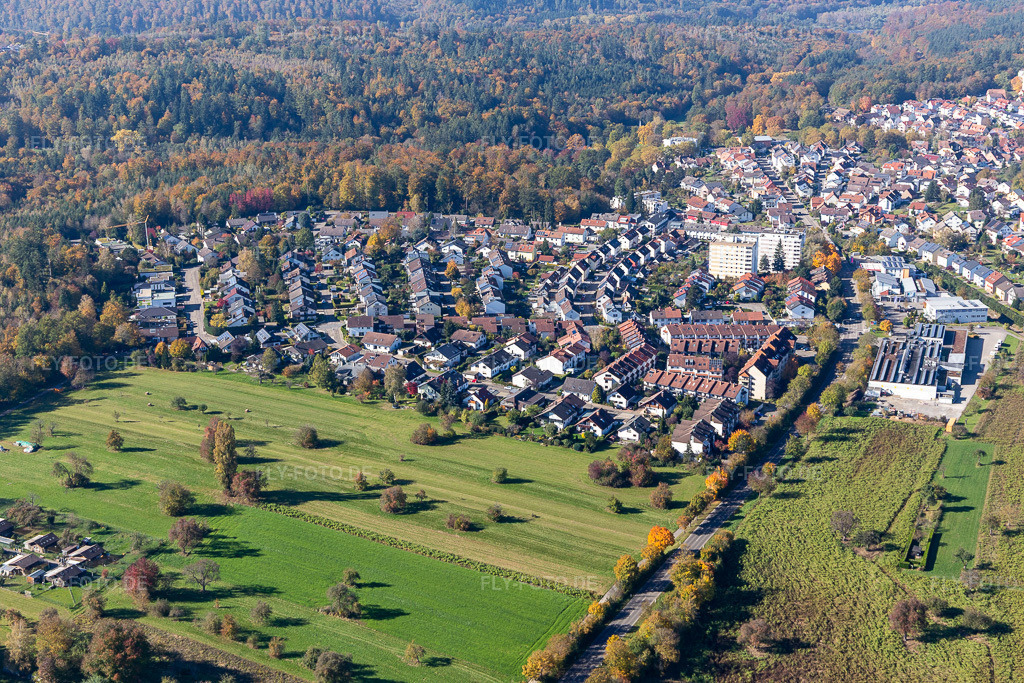 Luftbild: Wilhelm Roether Straße im Ortsteil Langensteinbach in Karlsbad im Bundesland Baden-Württemberg in Deutschland. Foto: IMG_129909.jpg vom 24.10.2021 durch Werner Riehm/FLY-FOTO.de
