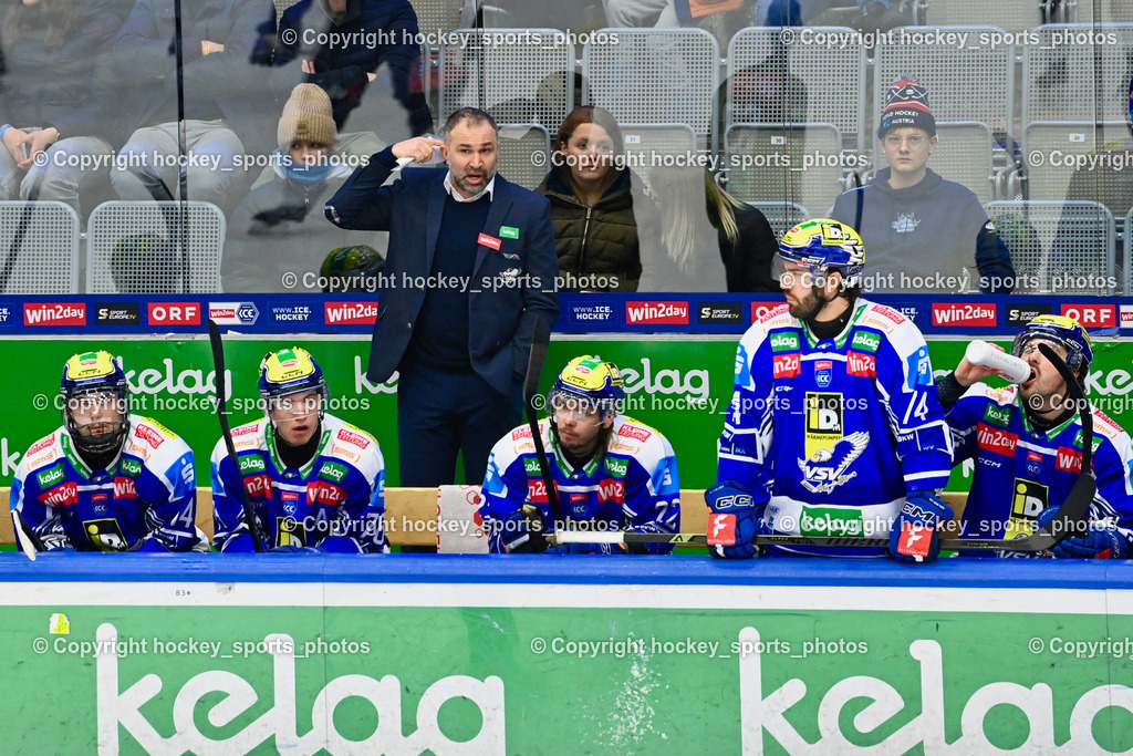 EC IDM Wärmepumpen VSV vs. Pioneers Vorarlberg | Spielerbank EC VSV, Pierre Allard Headcoach EC VSV, EC IDM Wärmepumpen VSV vs. Pioneers Vorarlberg, EC IDM Wärmepumpen VSV vs. Pioneers Vorarlberg am 22.02.2026 in Villach (Stadthalle Villach), Austria, (Photo by Bernd Stefan)