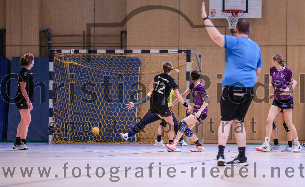 2024-12-14_096_SpVgg_Altenerding_gegen_SVA_Palzing | Erding, Deutschland, 14.12.2024:Handball, Bezirksoberliga Frauen Altbayern 2024 / 2024, 9. Spieltag, SpVgg Altenerding gegen SVA Palzing, Endergebnis: 20:30Sandra Redl (SVA Palzing, #12), Torfrau Julia Zierer (SVA Palzing, #37), Julia Kranich (SpVgg Altenerding, #9), Greta Felbinger (SpVgg Altenerding, #4)Foto: Christian Riedel / fotografie-riedel.net