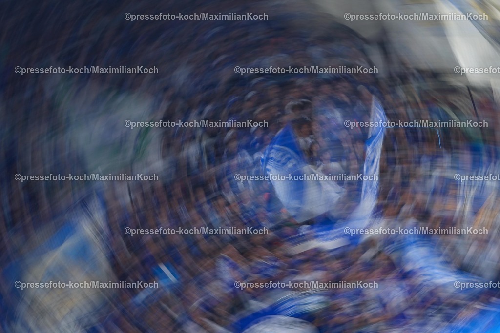 S0401082501089 | 01.08.2025, Fußball, FC Schalke 04 - Hertha BSC, 1.Spieltag, 2. Fußball Bundesliga, Veltins-Arena Gelsenkirchen, Saison 2025 2026: Feature Zuschauer Fans Fan auf der Tribüne Schalkefans Dynamisch Dynamik DFB regulations prohibit any use of photographs as image sequences and or quasi-video.